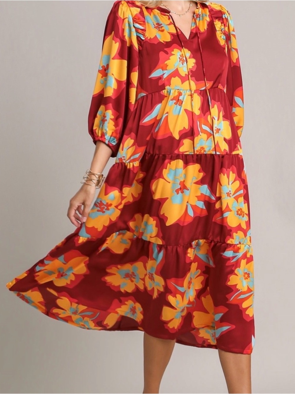 Floral Tiered Midi Dress in Burgundy and Yellow NWT